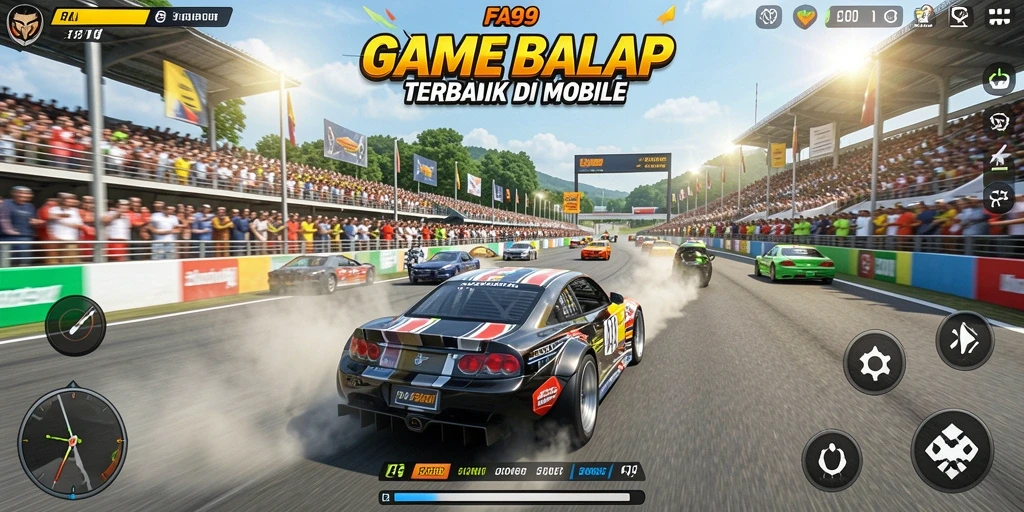 Tampilan gameplay menegangkan dari FA99 saat balapan di lintasan unik.
