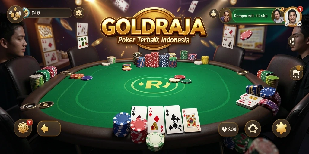 Tampilan gameplay menegangkan dalam GOLDRAJA saat bertarung di meja poker.