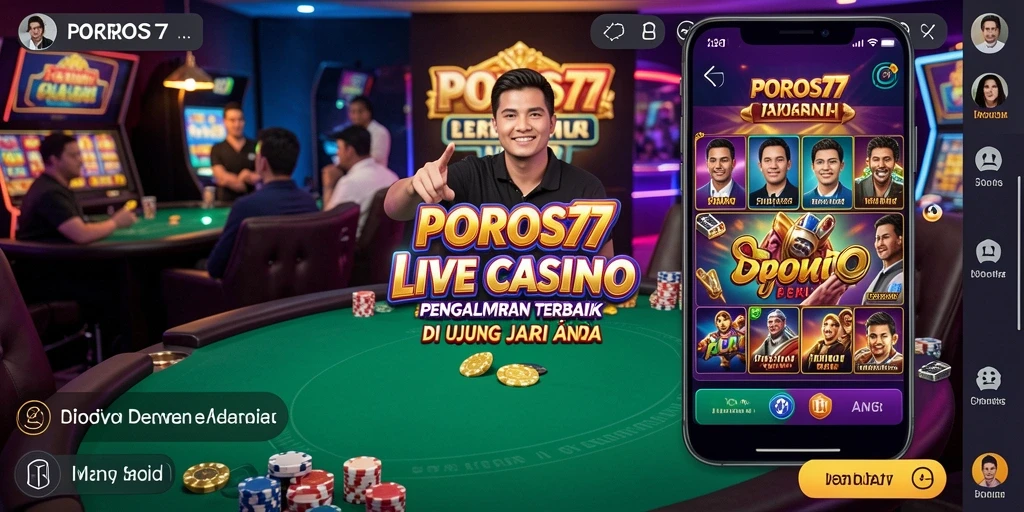 Screenshot gameplay POROS77 menampilkan dealer langsung dan suasana casino yang hidup.