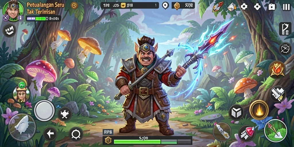Screenshot gameplay RP8 menunjukkan petualangan menakjubkan di dunia luas.