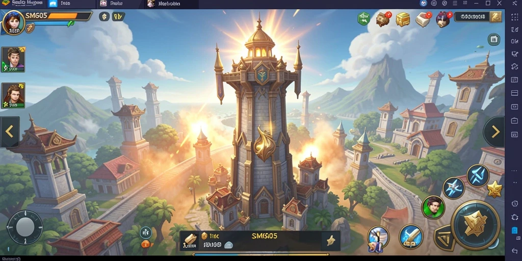 Screenshot gameplay SM605 menunjukkan aksi menara bertahan yang menarik.