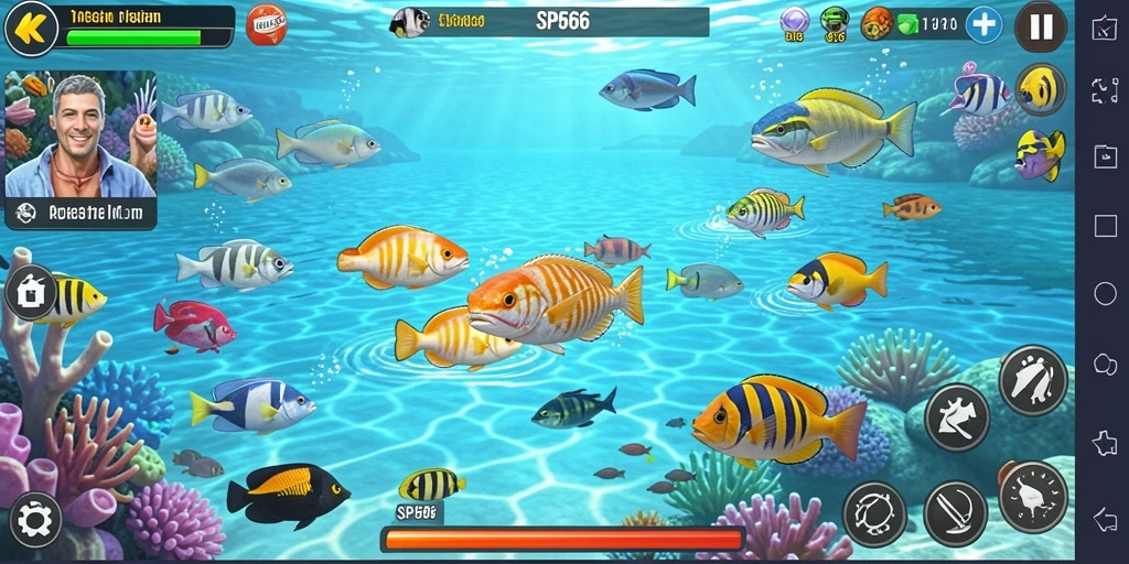 Tampilan gameplay SP666 saat berburu ikan dengan senjata canggih.