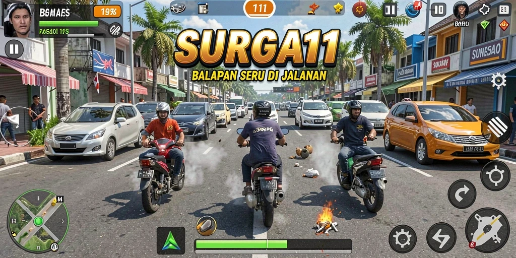 Tampilan gameplay SURGA11 dengan mobil balap di lintasan menantang.