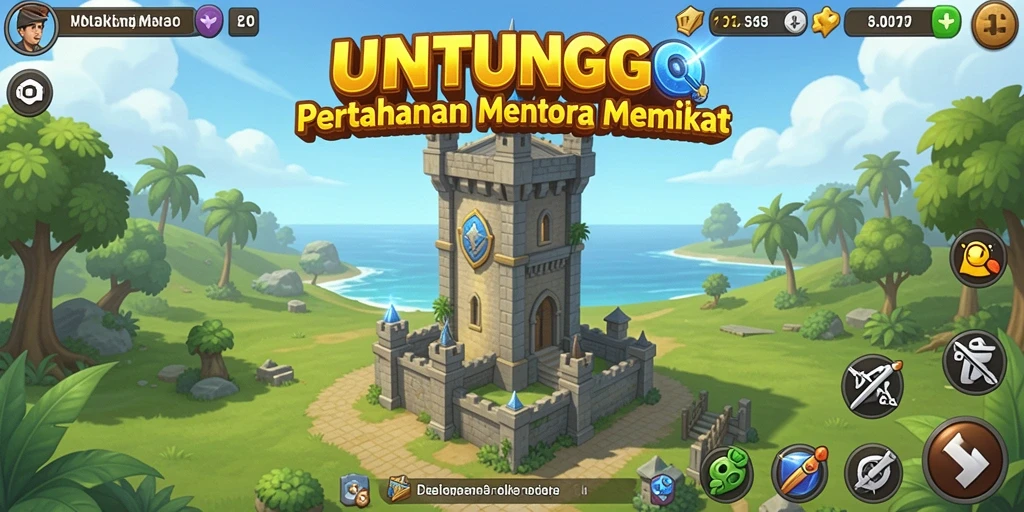 Tampilan gameplay seru UNTUNGGO dengan menara pertahanan yang strategis.