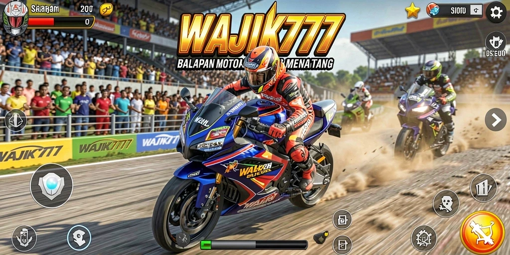 Screenshot utama WAJIK777 menampilkan aksi seru balapan motor.